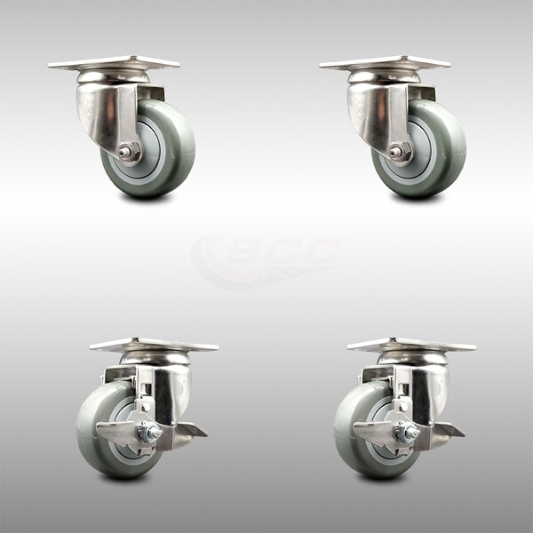 Service Caster 3 Inch 316SS Gray Polyurethane Wheel Swivel Top Plate Caster Brakes SCC, 2PK SCC-SS31620S314-PPUB-2-TLB-2 - main